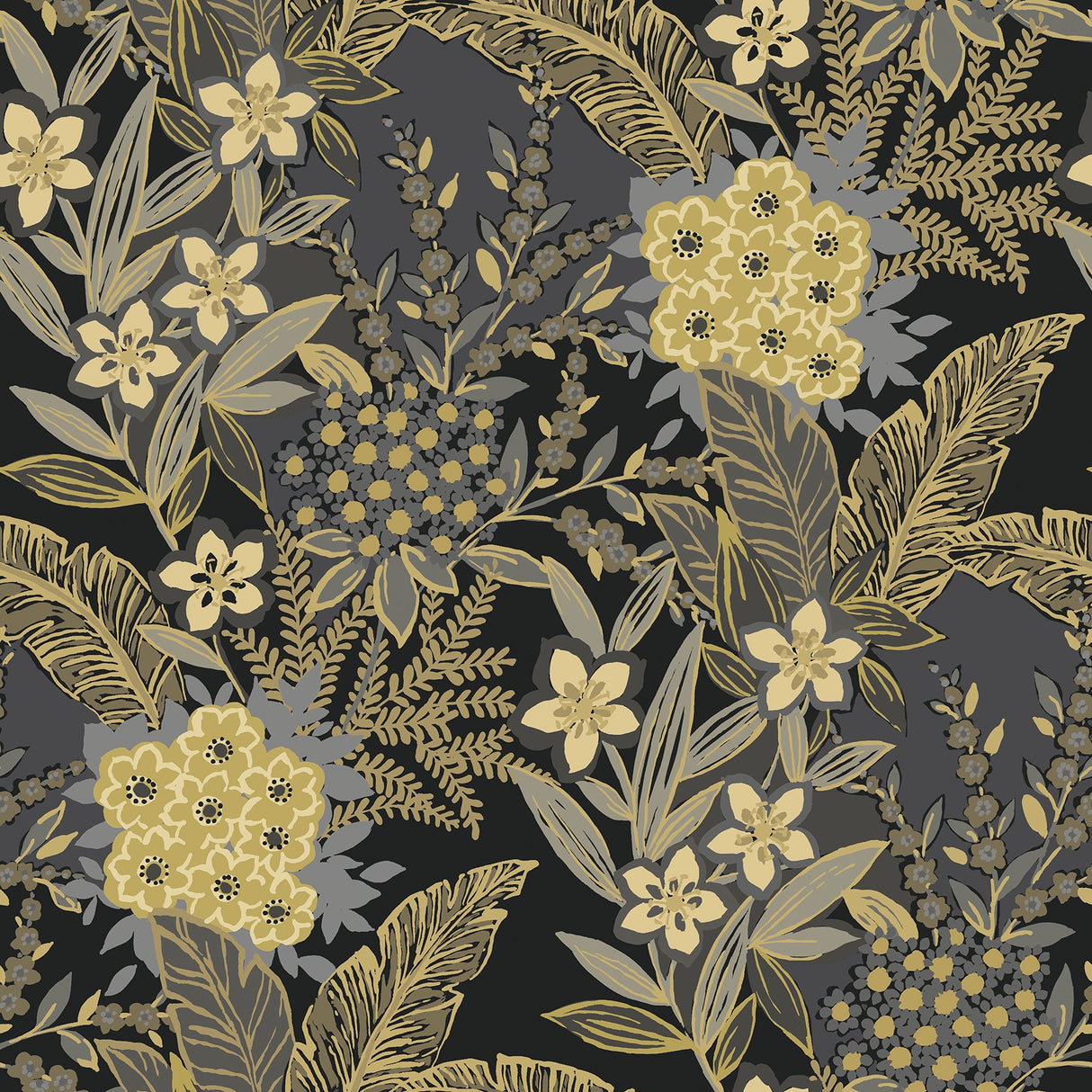 RuJardin Black Peel & Stick Wallpaper with Gold Floral Botanical Motif - NuWallpaper RPS6146