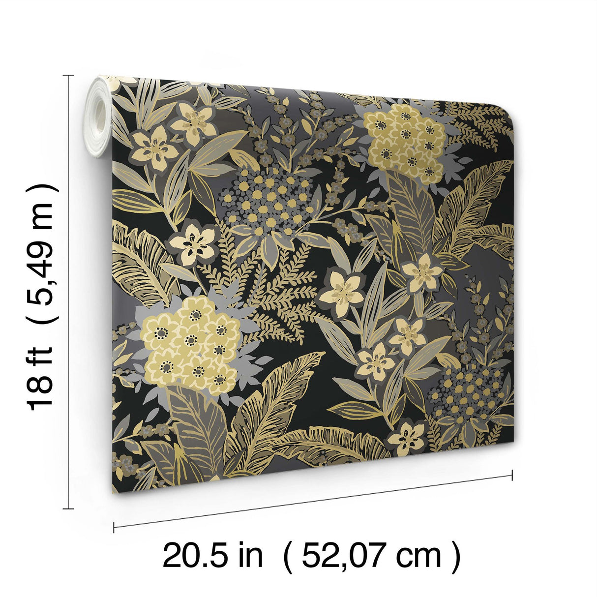 RuJardin Black Peel & Stick Wallpaper with Gold Floral Botanical Motif - NuWallpaper RPS6146