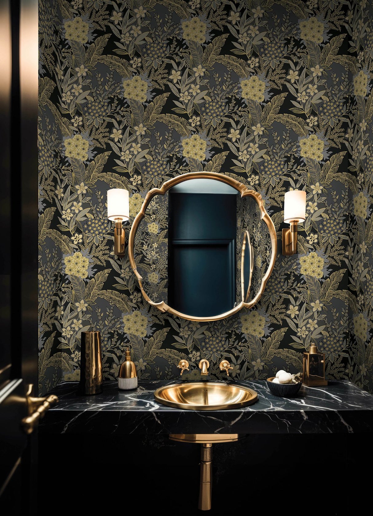 RuJardin Black Peel & Stick Wallpaper with Gold Floral Botanical Motif - NuWallpaper RPS6146