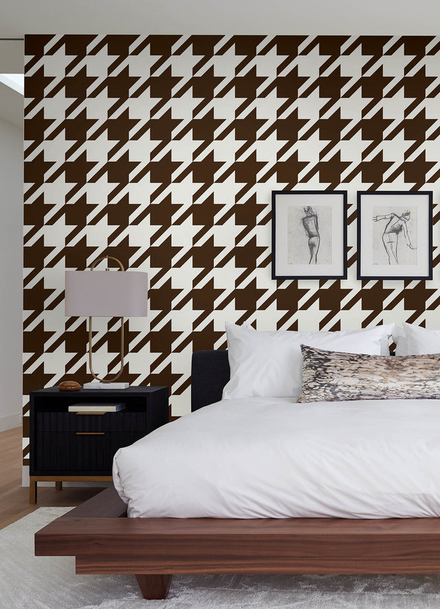 RuHoundstooth Brown Peel & Stick Wallpaper with Modern Geometric Houndstooth Pattern - RPS6148