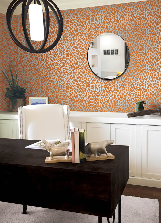 RuLeopard l'Orange Peel & Stick Wallpaper with Modern Animal Print in Metallic Taupe and Orange - RPS6149