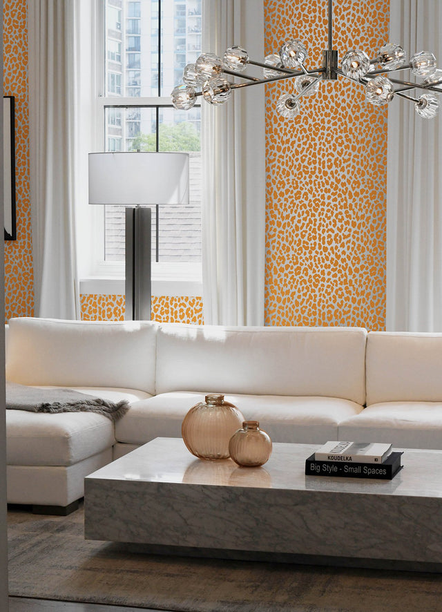 RuLeopard l'Orange Peel & Stick Wallpaper with Modern Animal Print in Metallic Taupe and Orange - RPS6149