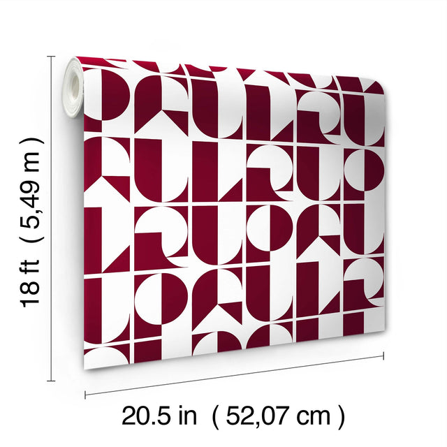 RuDeco Oxblood Red Peel & Stick Wallpaper with Art Deco Geometric Lettering - RPS6304