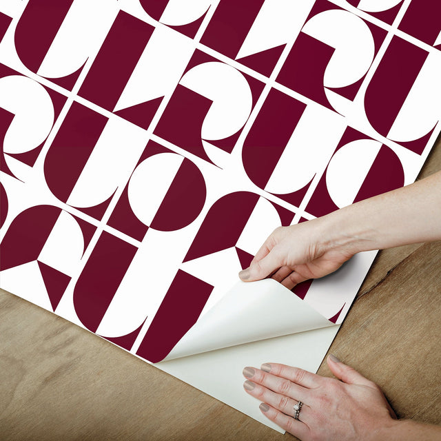 RuDeco Oxblood Red Peel & Stick Wallpaper with Art Deco Geometric Lettering - RPS6304