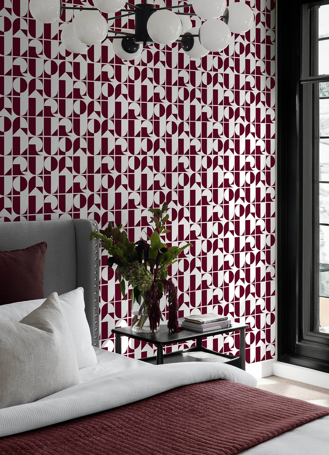 RuDeco Oxblood Red Peel & Stick Wallpaper with Art Deco Geometric Lettering - RPS6304