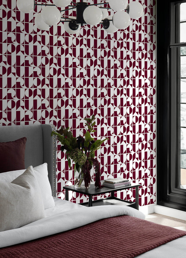 RuDeco Oxblood Red Peel & Stick Wallpaper with Art Deco Geometric Lettering - RPS6304