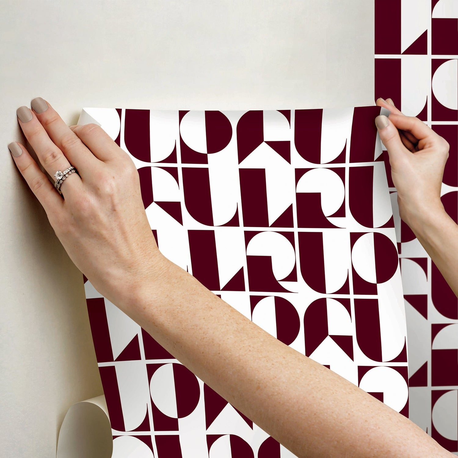 RuDeco Oxblood Red Peel & Stick Wallpaper with Art Deco Geometric Lettering - RPS6304