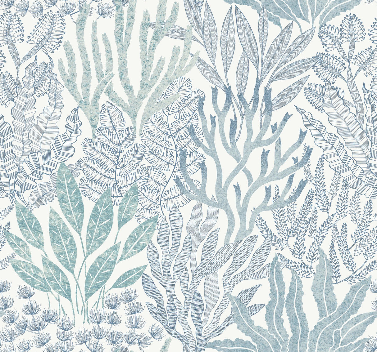 Coral Leaves Blue & Aqua Wallpaper with Modern Toile Botanical Pattern - York RT7804