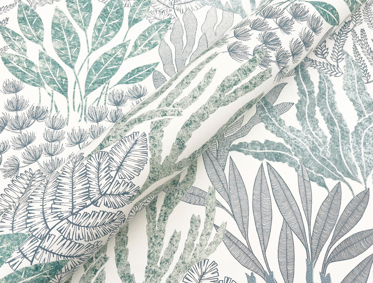 Coral Leaves Blue & Aqua Wallpaper with Modern Toile Botanical Pattern - York RT7804