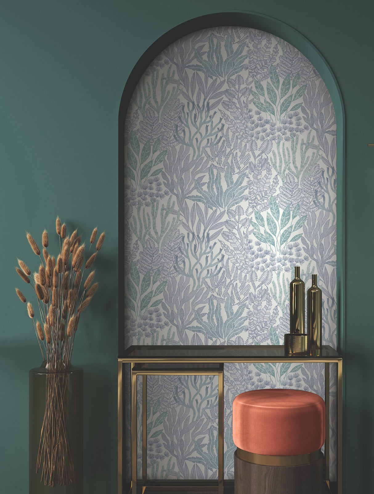 Coral Leaves Blue & Aqua Wallpaper with Modern Toile Botanical Pattern - York RT7804