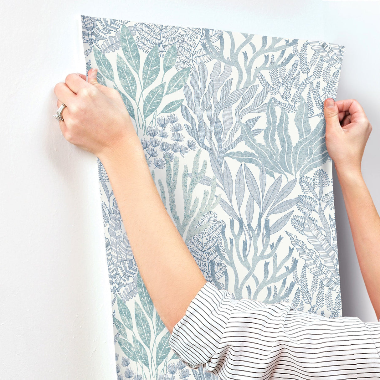 Coral Leaves Blue & Aqua Wallpaper with Modern Toile Botanical Pattern - York RT7804