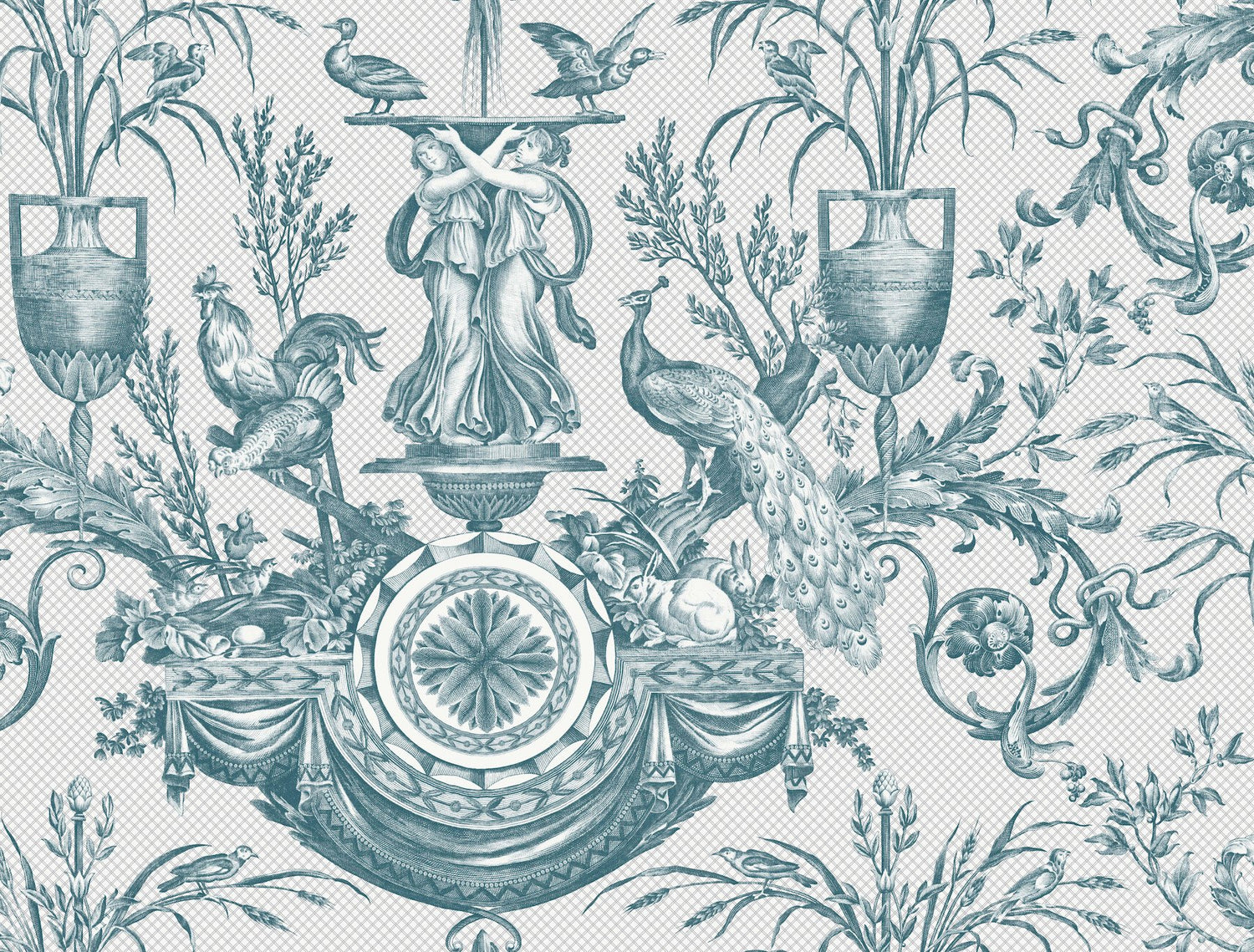 Avian Fountain Toile Jade Wallpaper with Traditional Toile Pattern - York RT7811