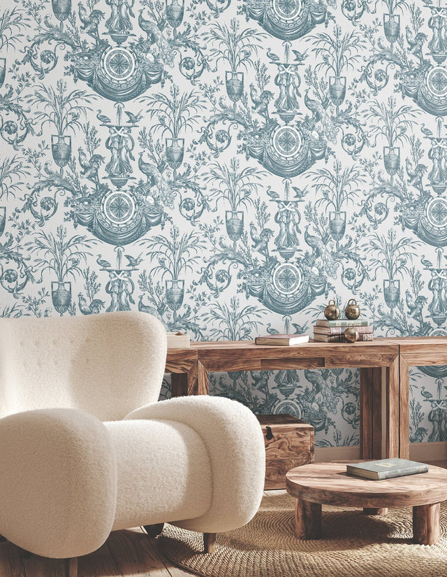 Avian Fountain Toile Jade Wallpaper with Traditional Toile Pattern - York RT7811