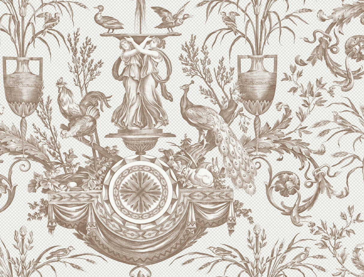 Avian Fountain Toile Mink Wallpaper with Traditional Toile Pattern - York RT7812