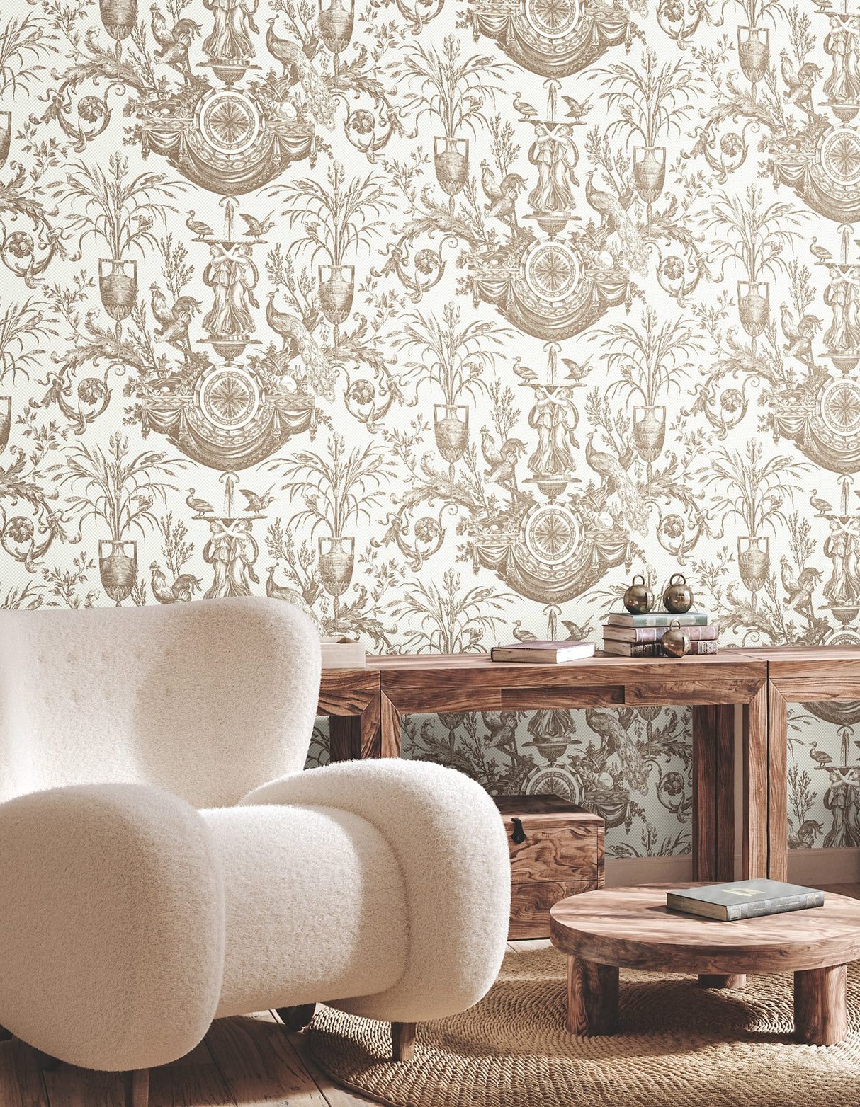 Avian Fountain Toile Mink Wallpaper with Traditional Toile Pattern - York RT7812