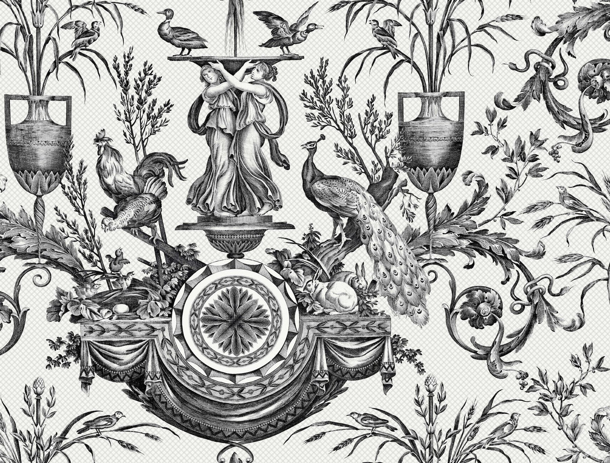 Avian Fountain Toile Black Wallpaper with Classical Toile Pattern - York RT7813