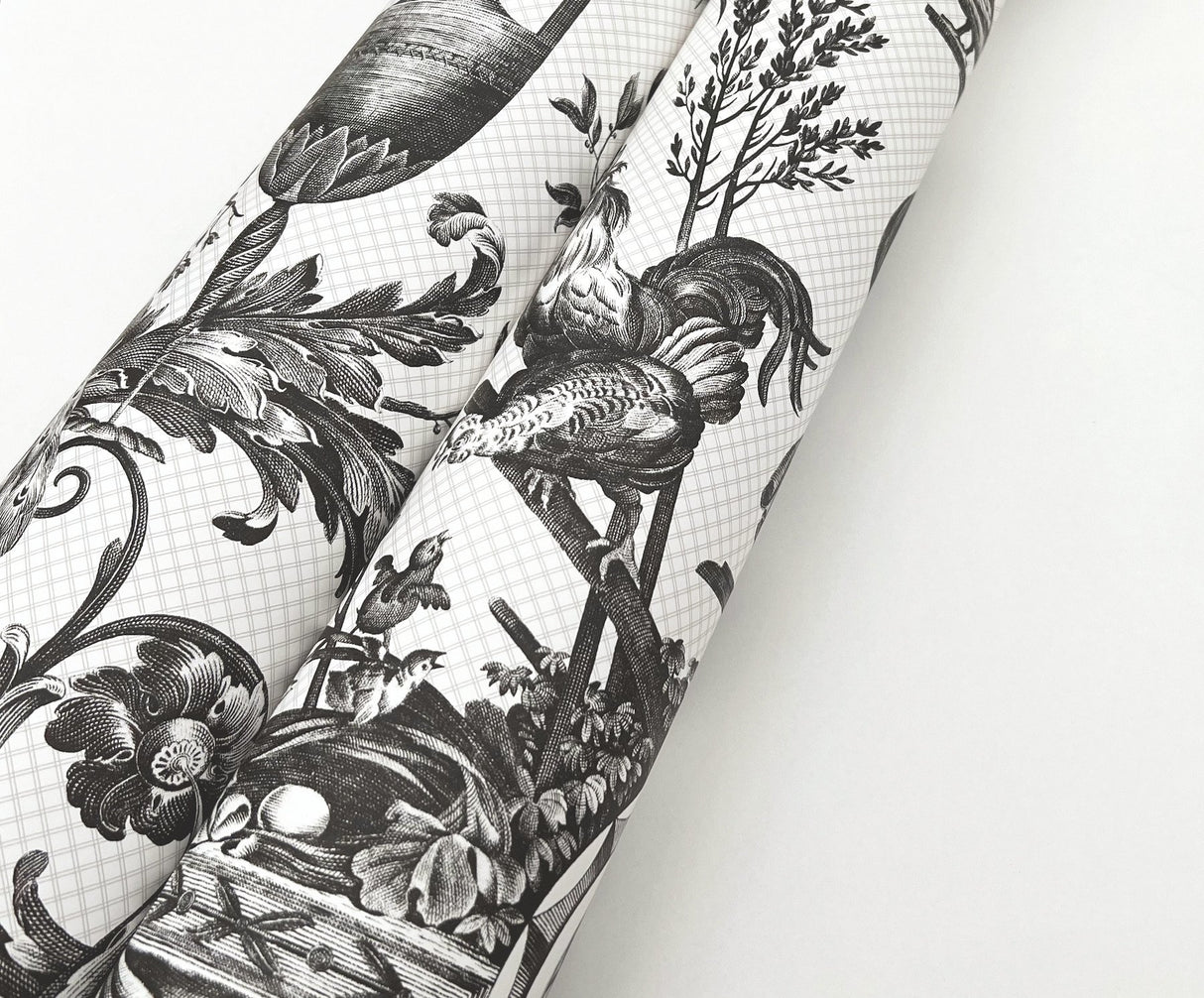Avian Fountain Toile Black Wallpaper with Classical Toile Pattern - York RT7813