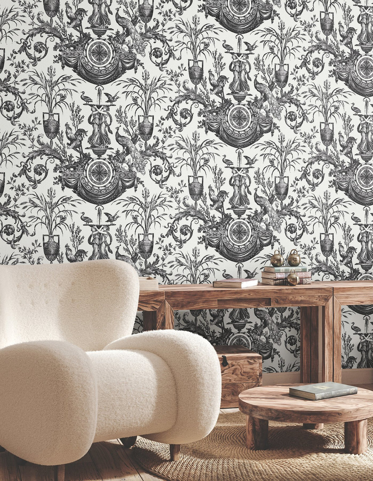 Avian Fountain Toile Black Wallpaper with Classical Toile Pattern - York RT7813
