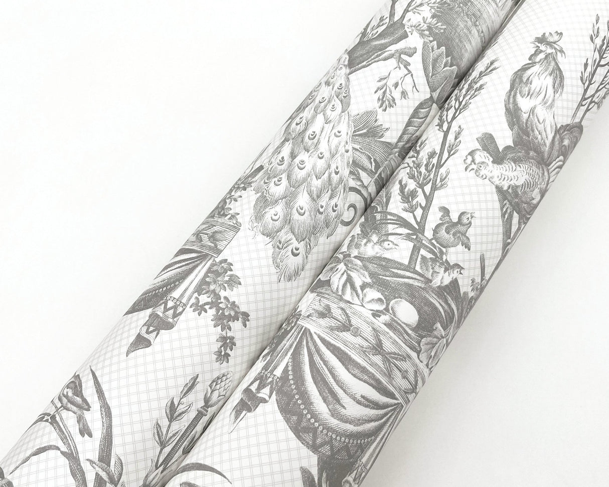 Avian Fountain Toile Grey Wallpaper with Classical Fountain and Birds Motif - York RT7815