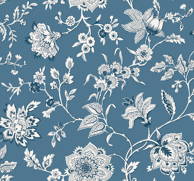 Sutton Blue Wallpaper with Coastal Toile Jacobean Floral - York RT7821