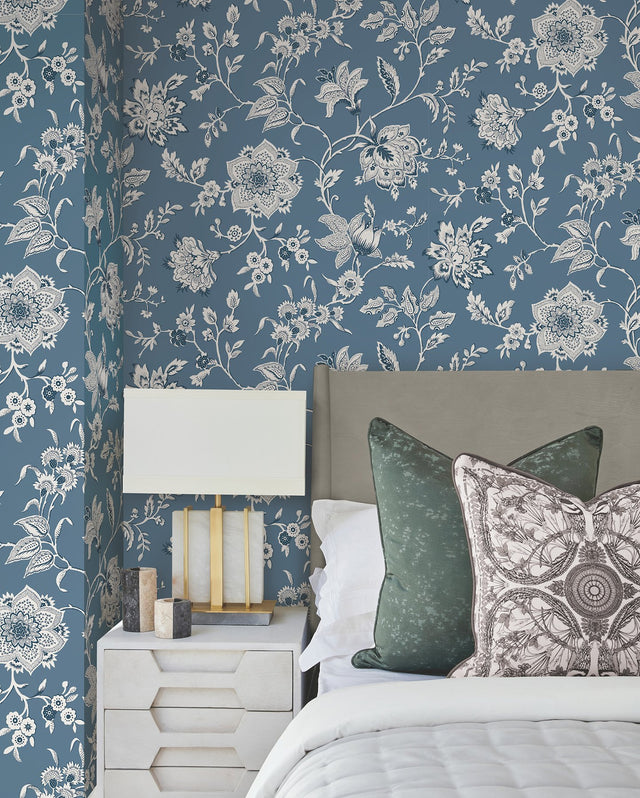 Sutton Blue Wallpaper with Coastal Toile Jacobean Floral - York RT7821