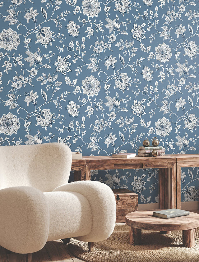 Sutton Blue Wallpaper with Coastal Toile Jacobean Floral - York RT7821