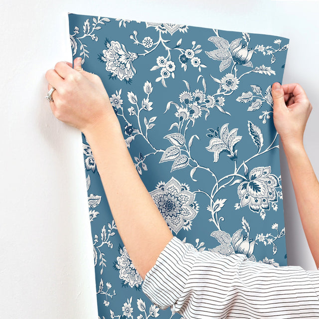Sutton Blue Wallpaper with Coastal Toile Jacobean Floral - York RT7821