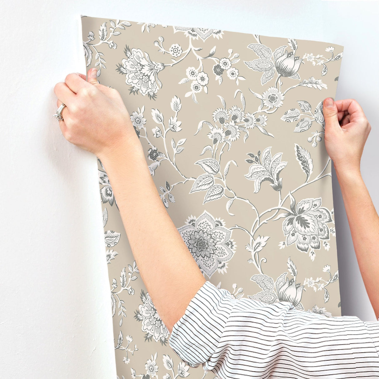 Sutton Taupe Wallpaper with Toile Floral Trail in Coastal Style - York RT7822