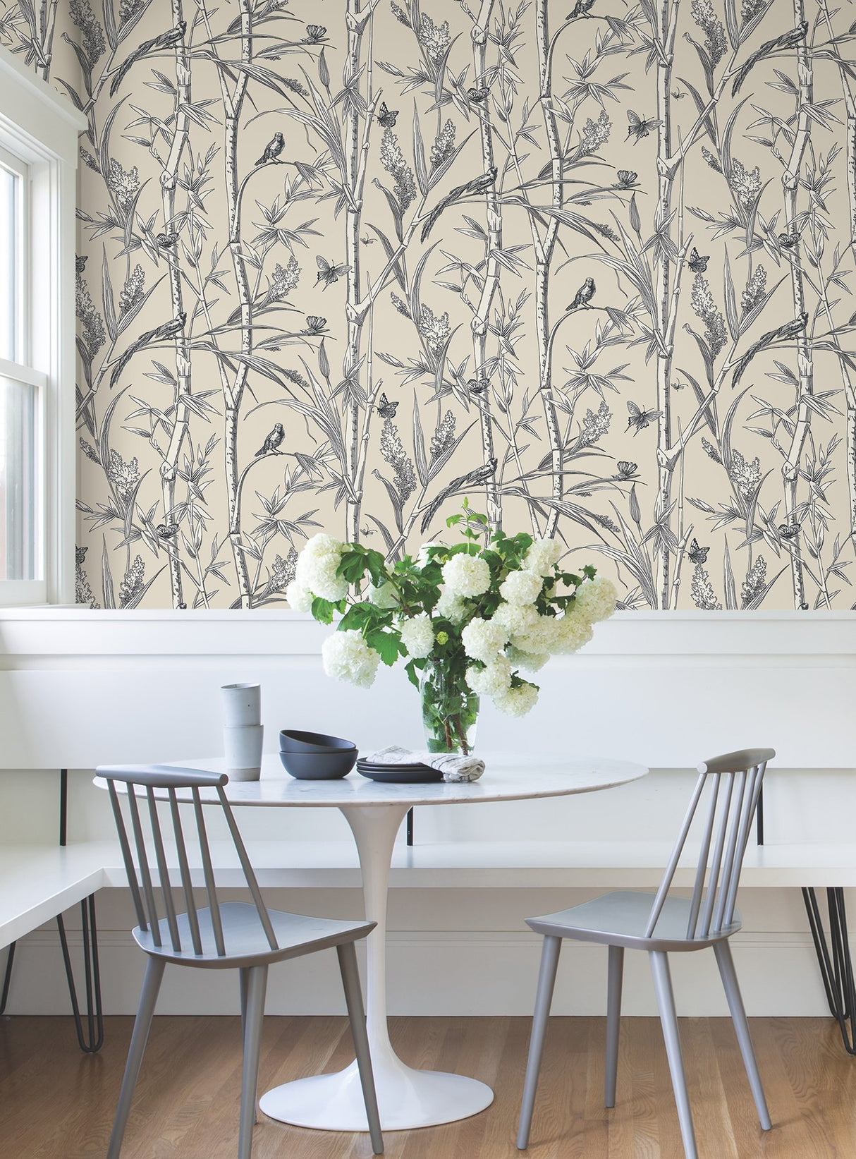 Bambou Toile Beige Wallpaper with Botanical Toile Motif - York RT7832