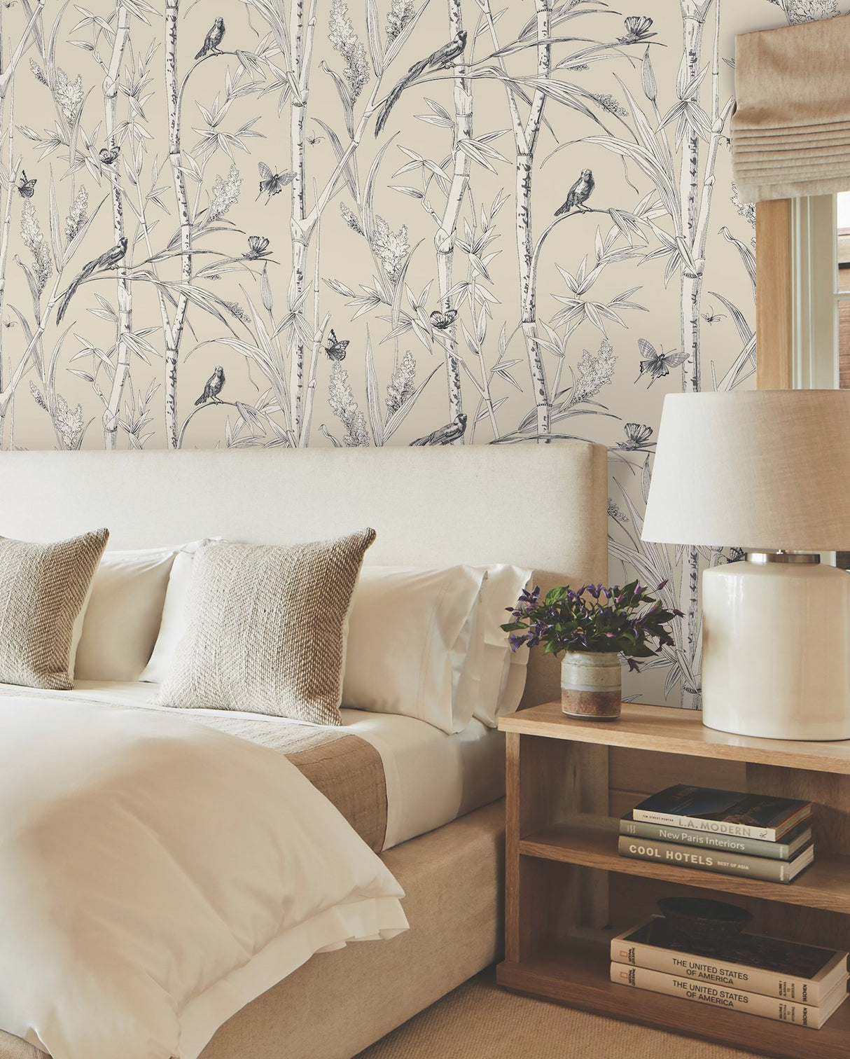 Bambou Toile Beige Wallpaper with Botanical Toile Motif - York RT7832