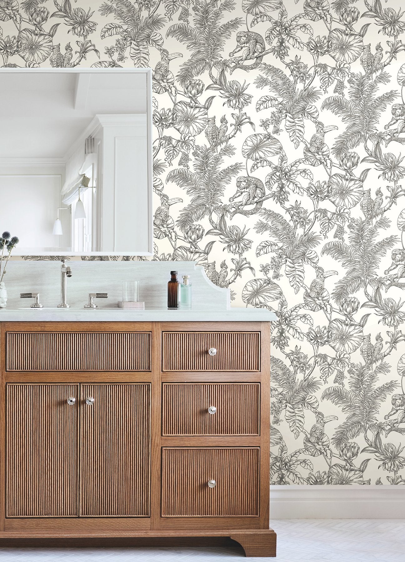 Tropical Sketch Toile Black Wallpaper with Eclectic Toile Pattern - York RT7841