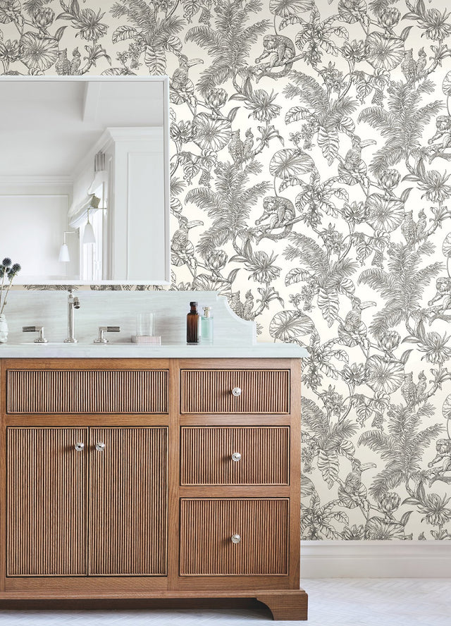 Tropical Sketch Toile Black Wallpaper with Eclectic Toile Pattern - York RT7841