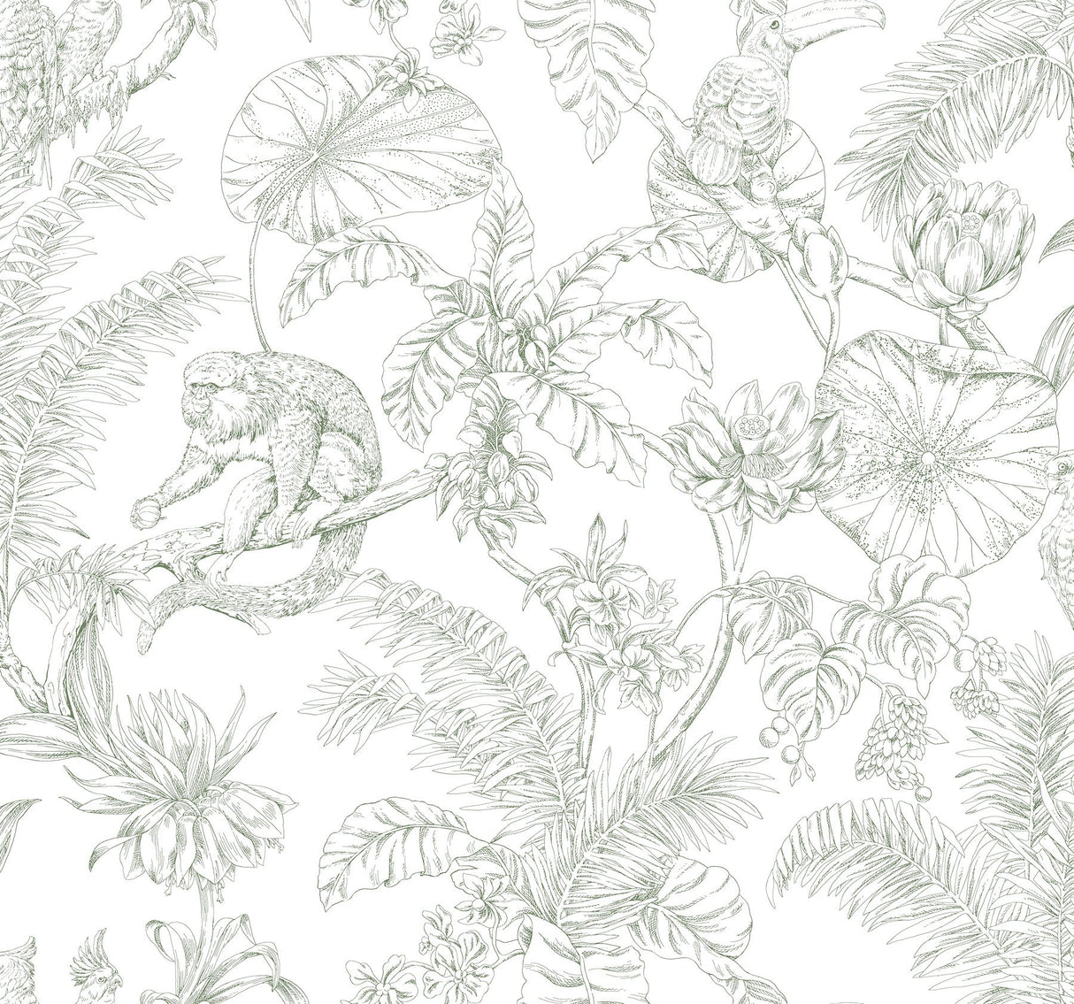 Tropical Sketch Toile Forest Wallpaper with Eclectic Toile Motif - York RT7842