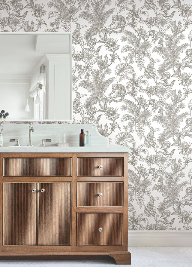 Tropical Sketch Toile Brown Wallpaper with Eclectic Toile Pattern - York RT7843
