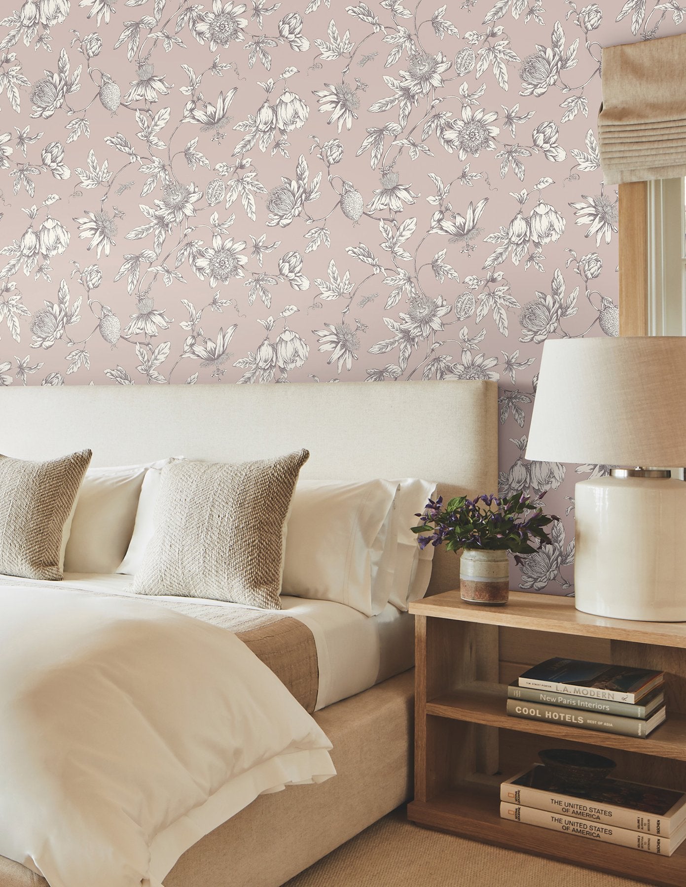 Passion Flower Toile Orchid Wallpaper with Traditional Toile Floral Pattern - York RT7851