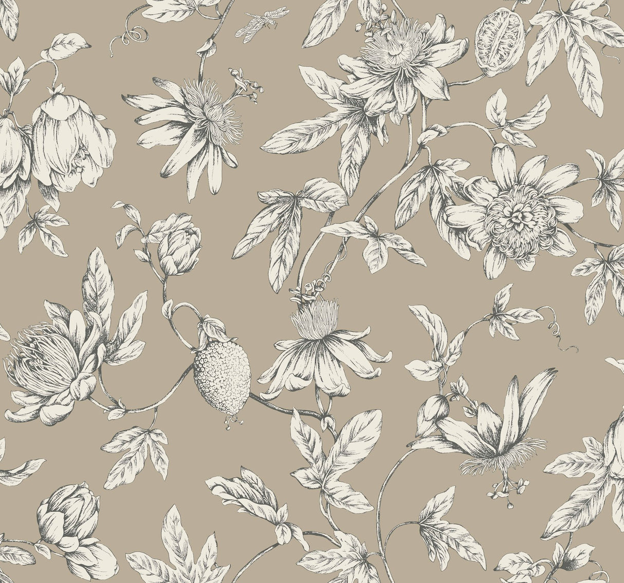 Passion Flower Toile Linen Wallpaper with Traditional Toile Pattern - York RT7852