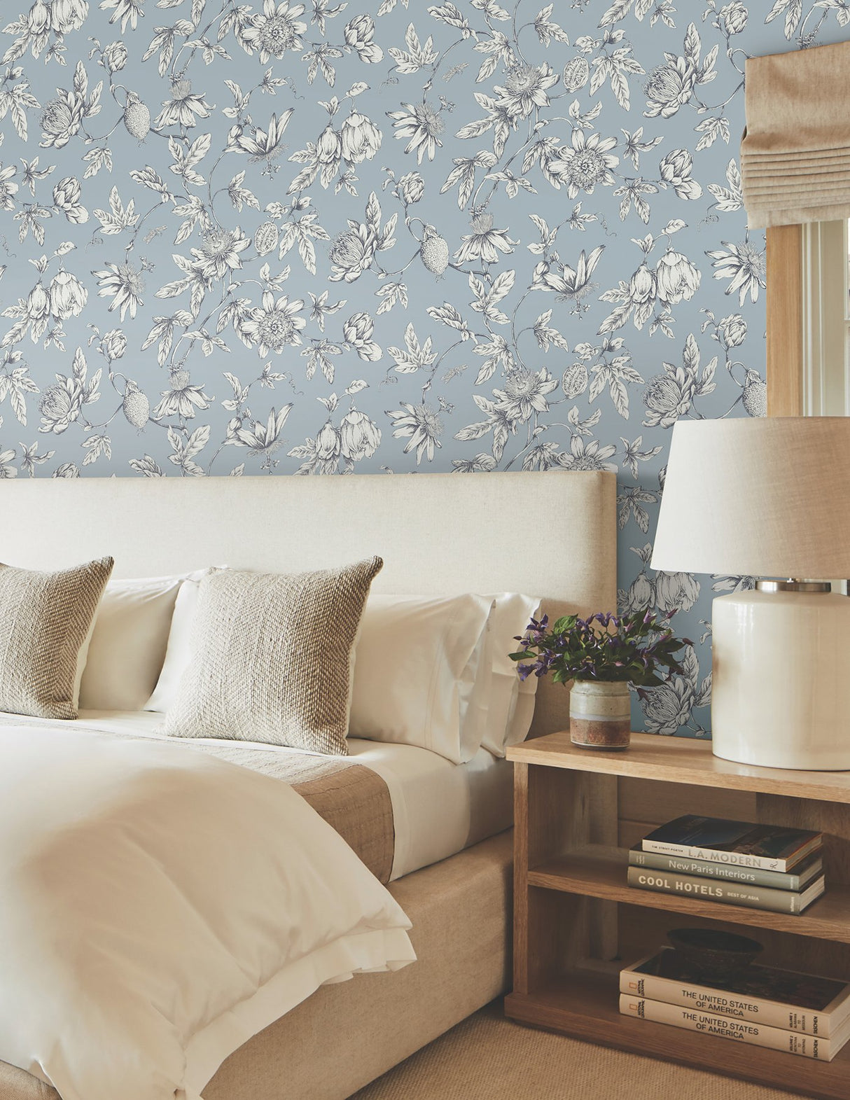 Passion Flower Toile Sky Blue Wallpaper with Floral Toile Pattern - York RT7853