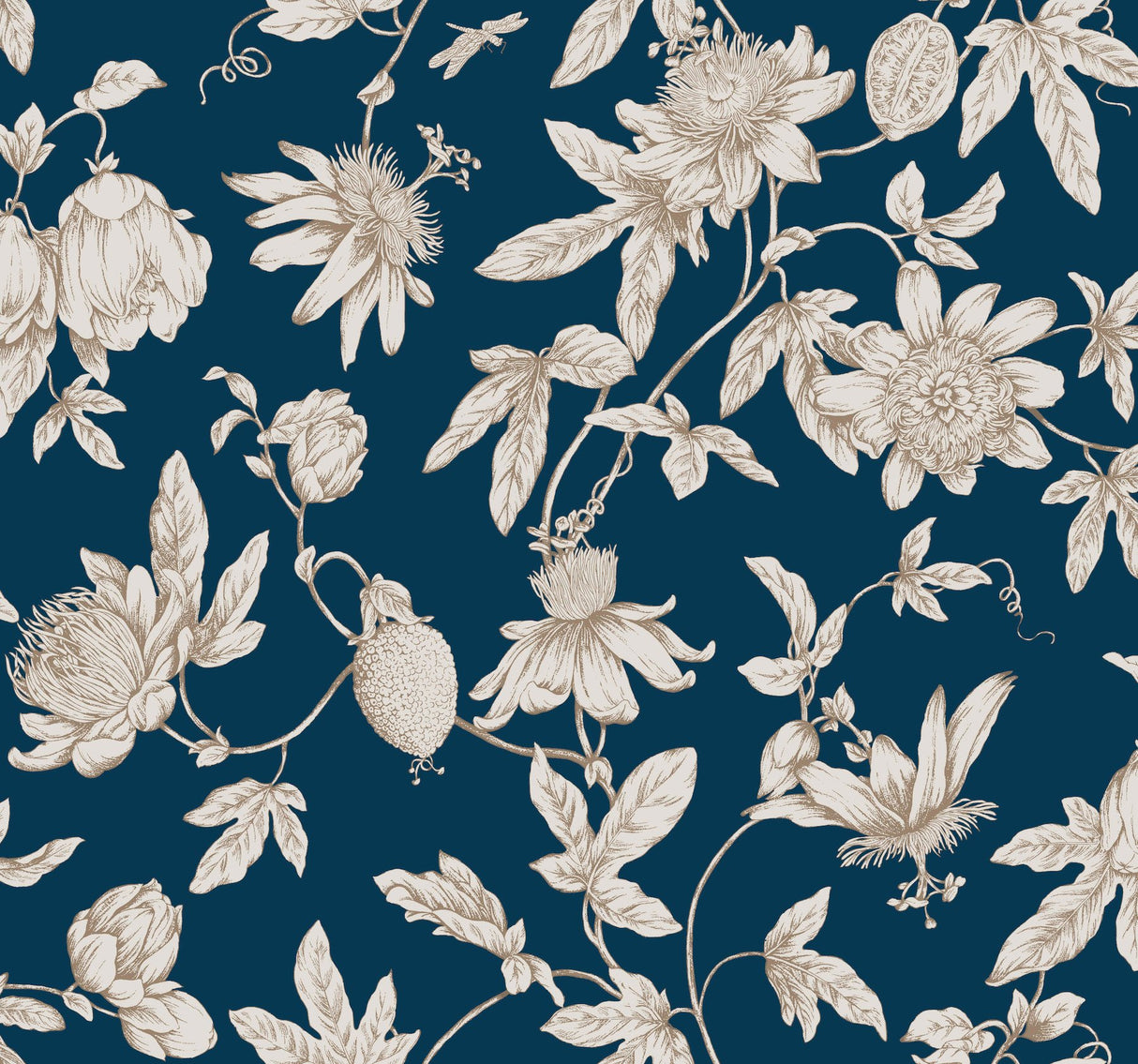 Passion Flower Toile Navy Wallpaper with Traditional Toile Floral Pattern - York RT7856