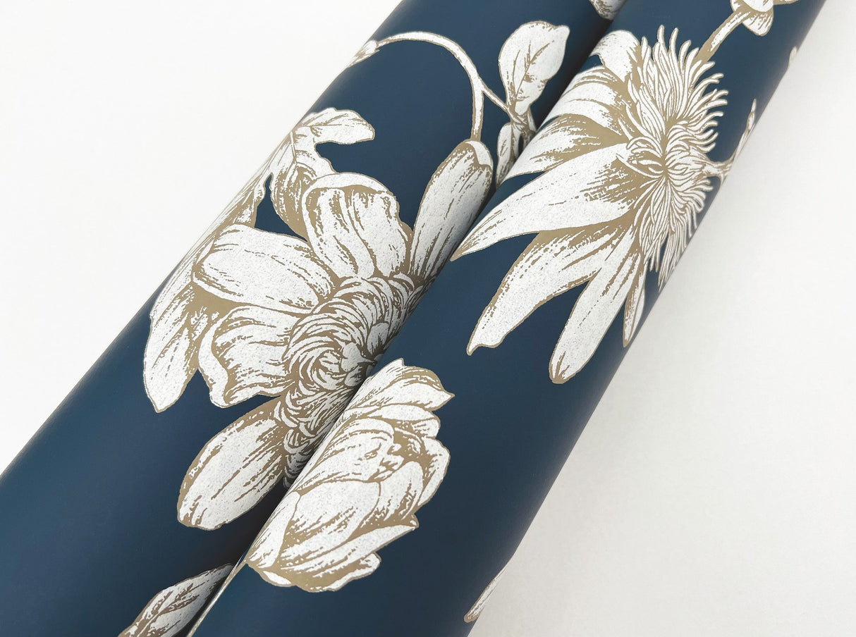 Passion Flower Toile Navy Wallpaper with Traditional Toile Floral Pattern - York RT7856