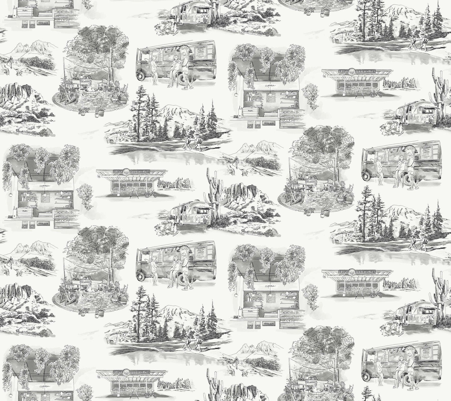 Modern Vista Toile Black Wallpaper with Modern Toile Pattern - York RT7861