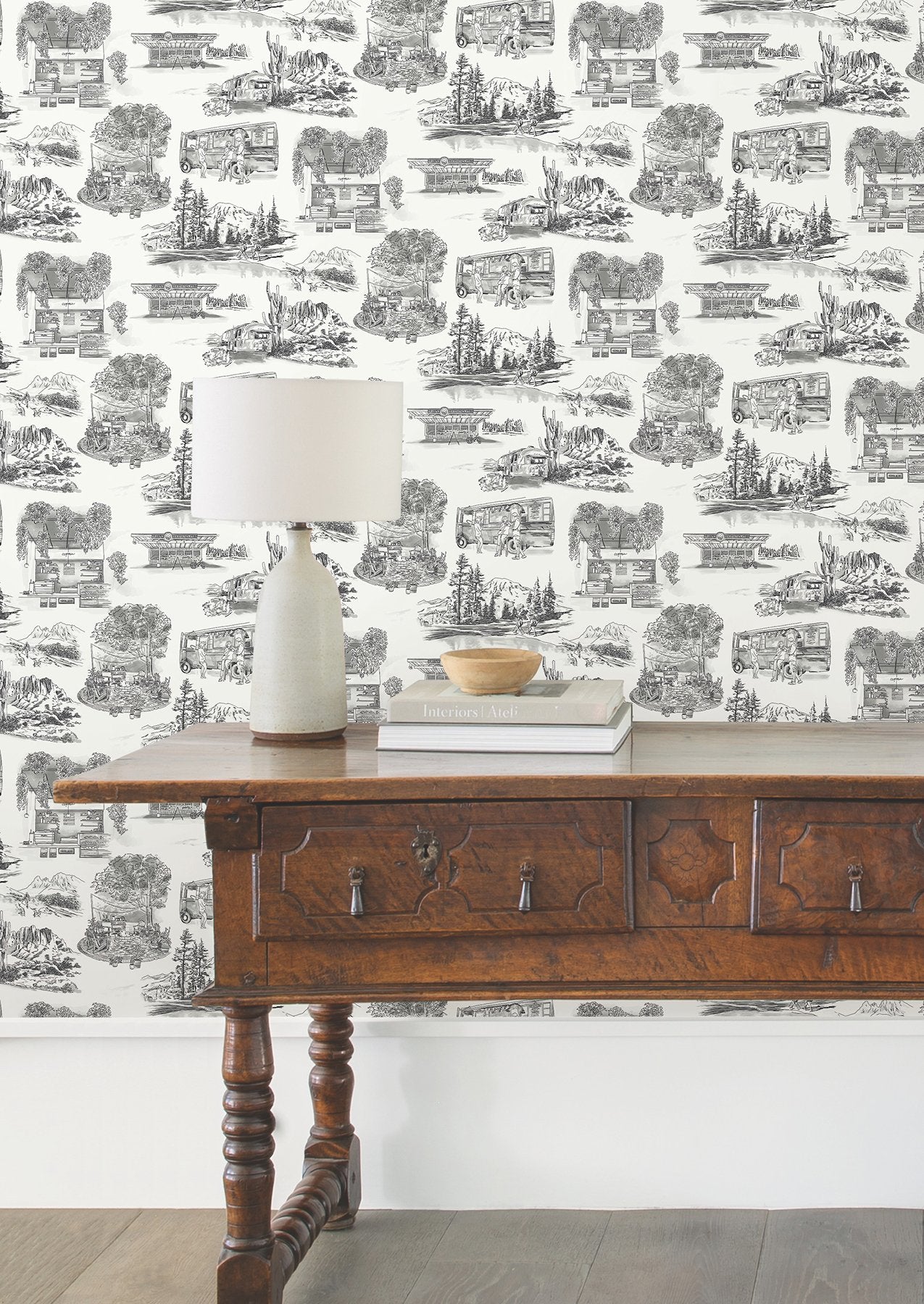 Modern Vista Toile Black Wallpaper with Modern Toile Pattern - York RT7861