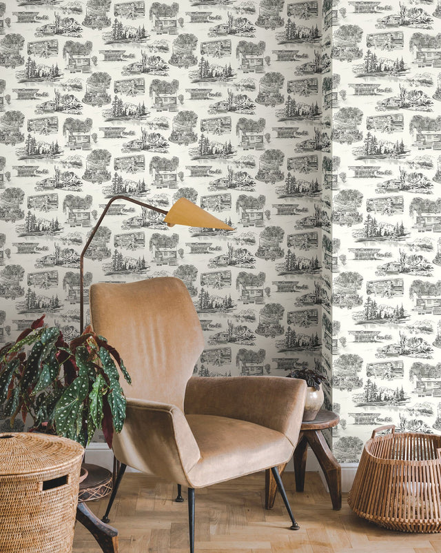 Modern Vista Toile Black Wallpaper with Modern Toile Pattern - York RT7861