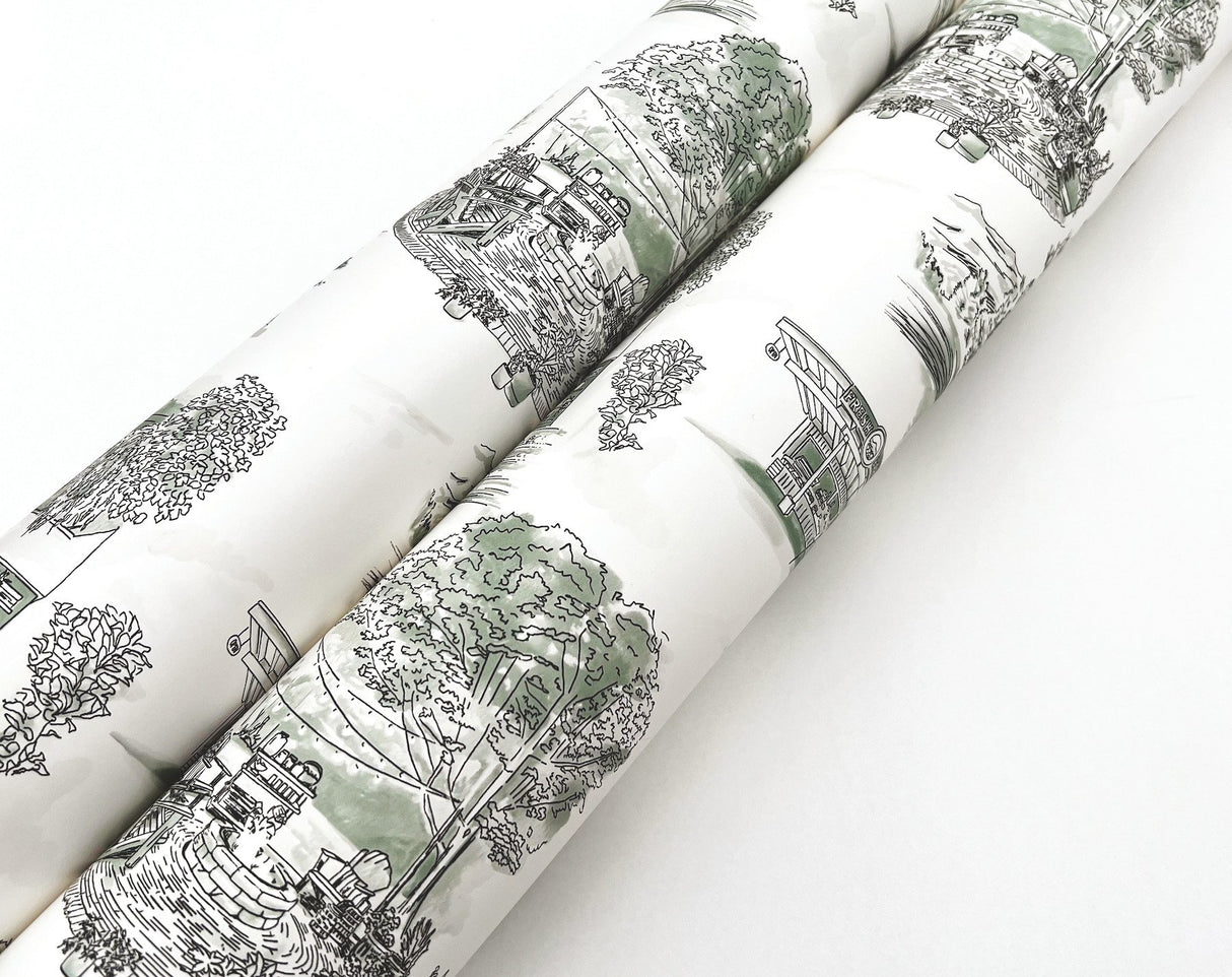 Modern Vista Toile Evergreen Wallpaper with Scenic Road Trip Toile Motif - York RT7863