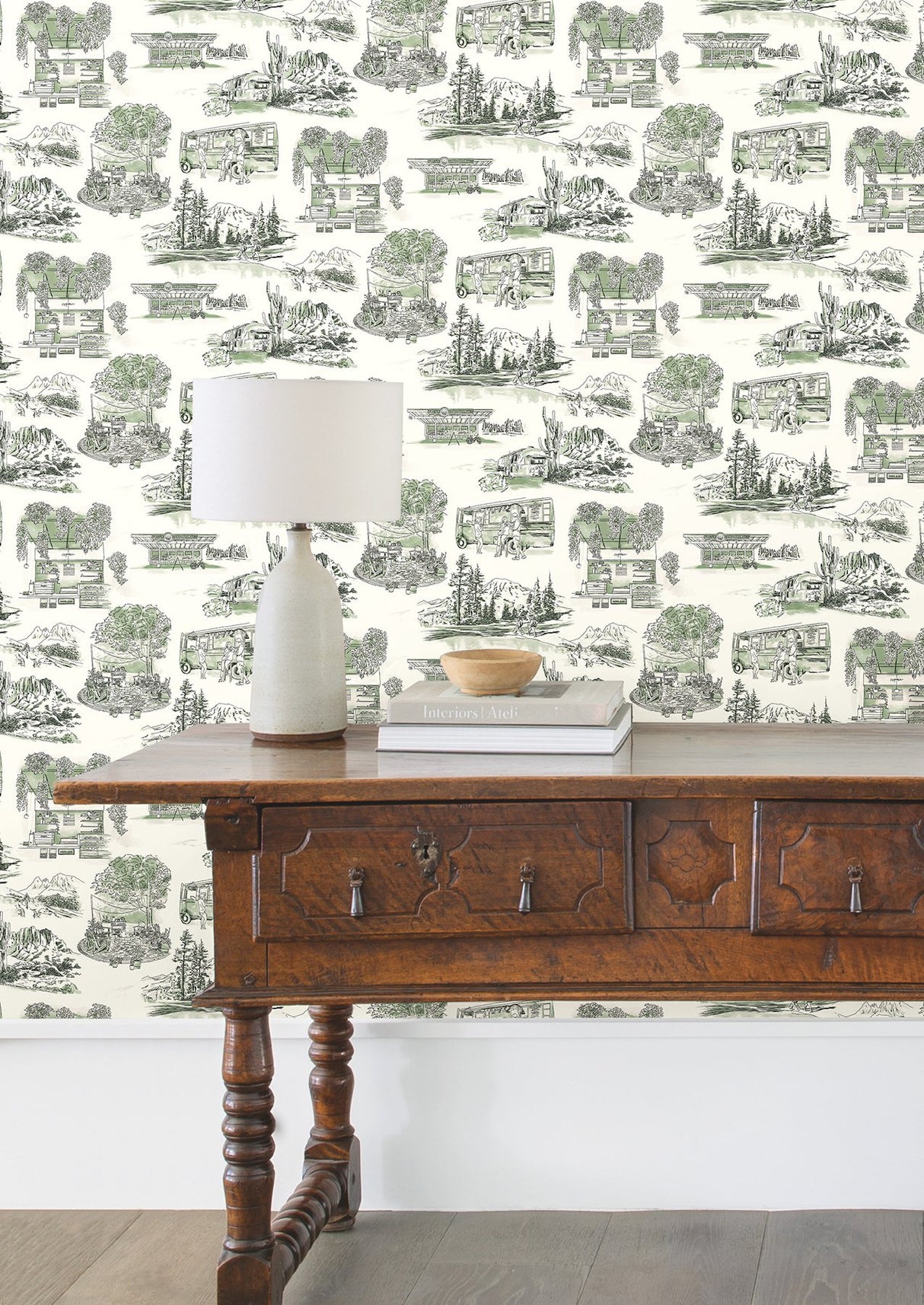 Modern Vista Toile Evergreen Wallpaper with Scenic Road Trip Toile Motif - York RT7863