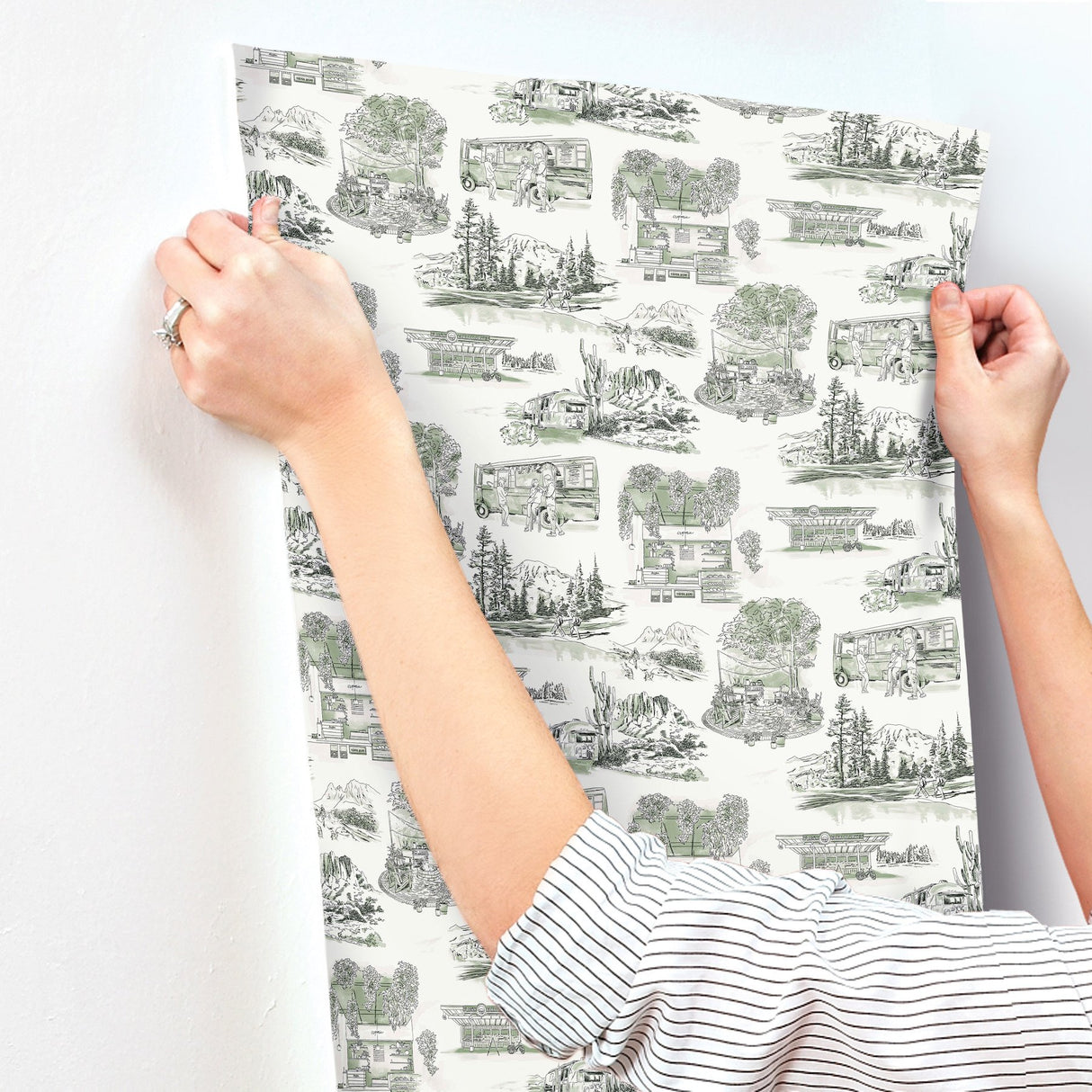 Modern Vista Toile Evergreen Wallpaper with Scenic Road Trip Toile Motif - York RT7863