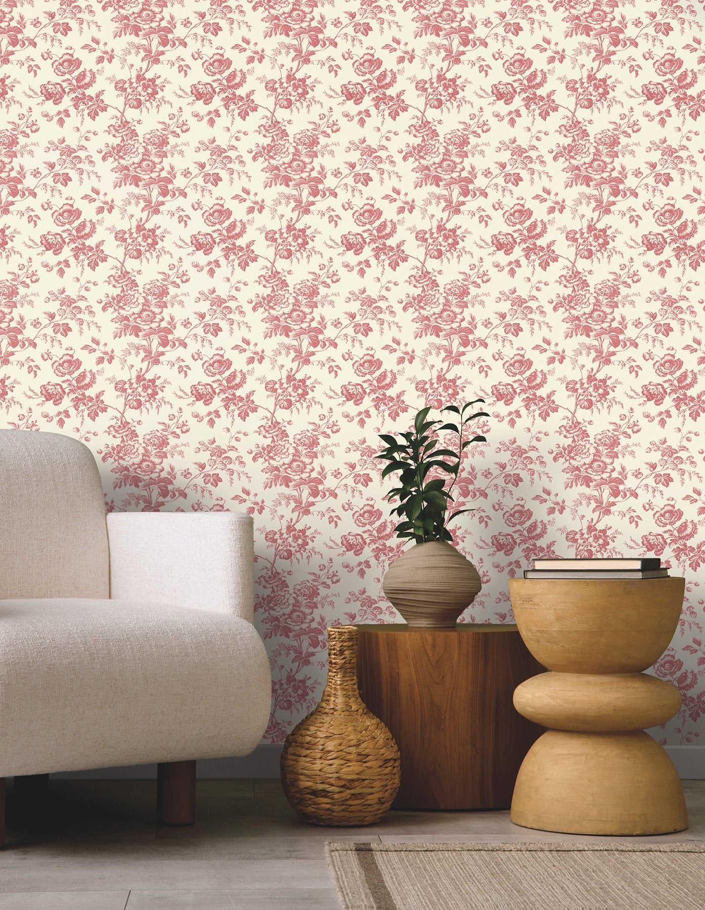 Anemone Toile French Red Wallpaper with Traditional Toile Floral Motif - York RT7871