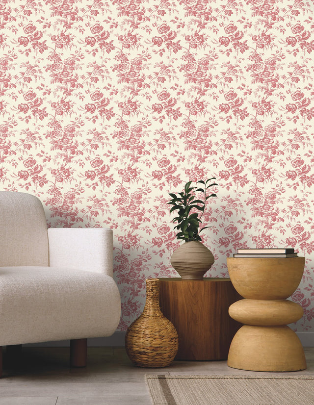 Anemone Toile French Red Wallpaper with Traditional Toile Floral Motif - York RT7871