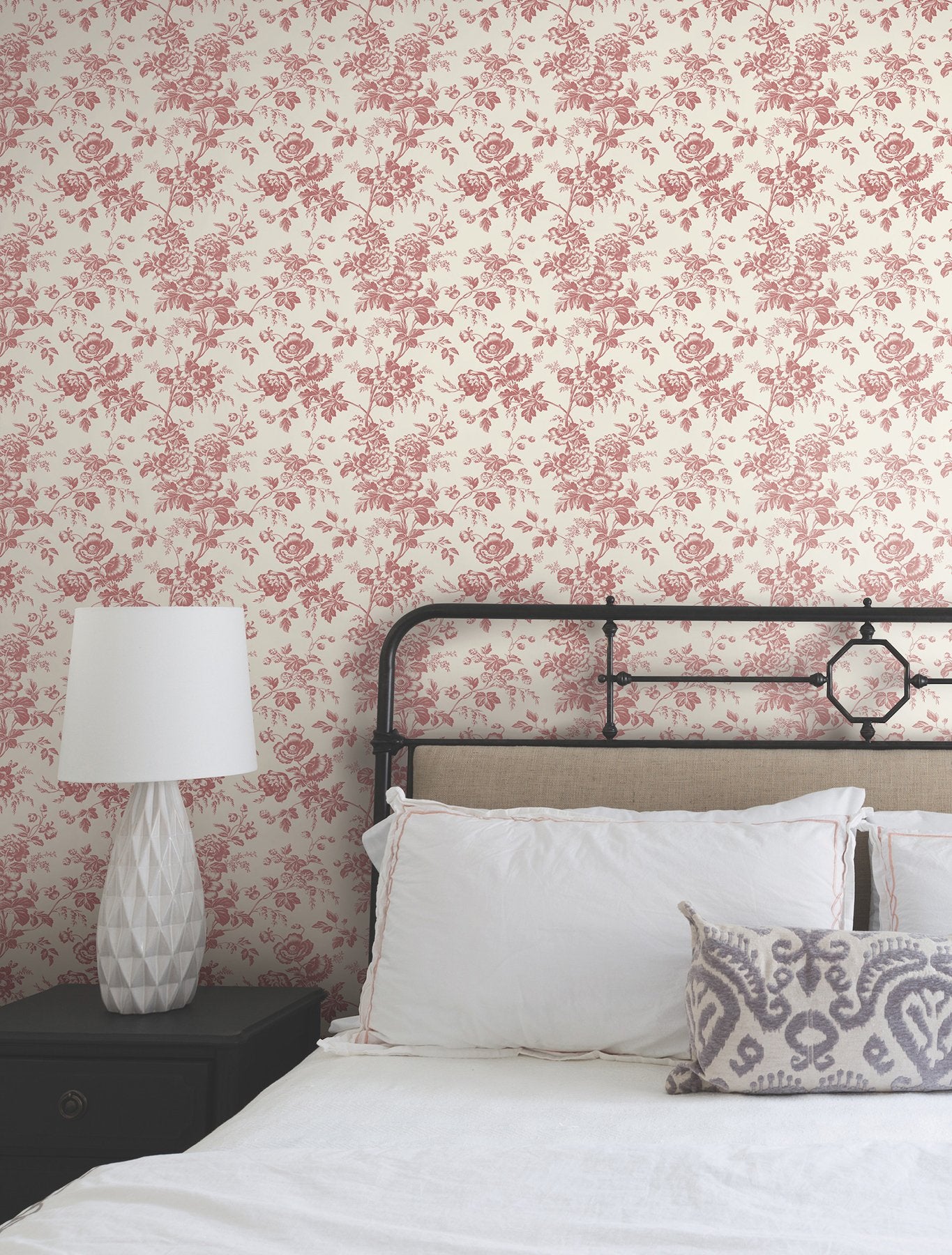 Anemone Toile French Red Wallpaper with Traditional Toile Floral Motif - York RT7871
