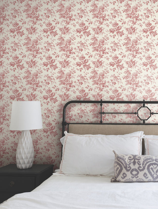 Anemone Toile French Red Wallpaper with Traditional Toile Floral Motif - York RT7871