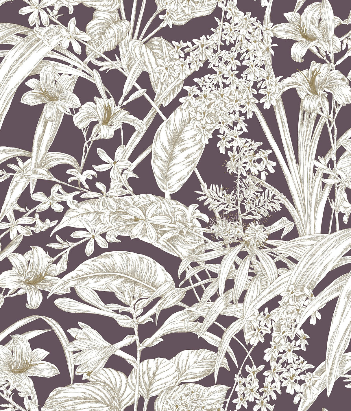 Orchid Conservatory Toile Mulberry Wallpaper with Metallic Tropical Toile Pattern - York RT7881